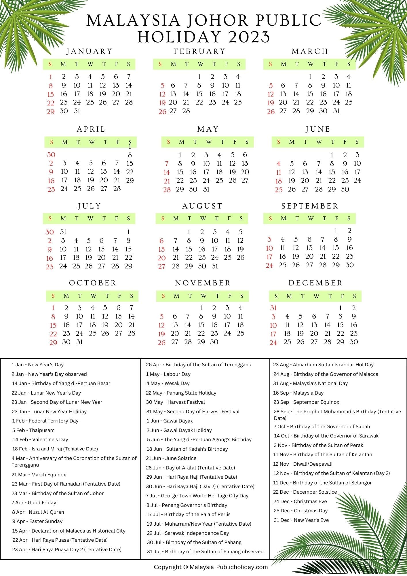 Johor Calendars with Holidays 2023