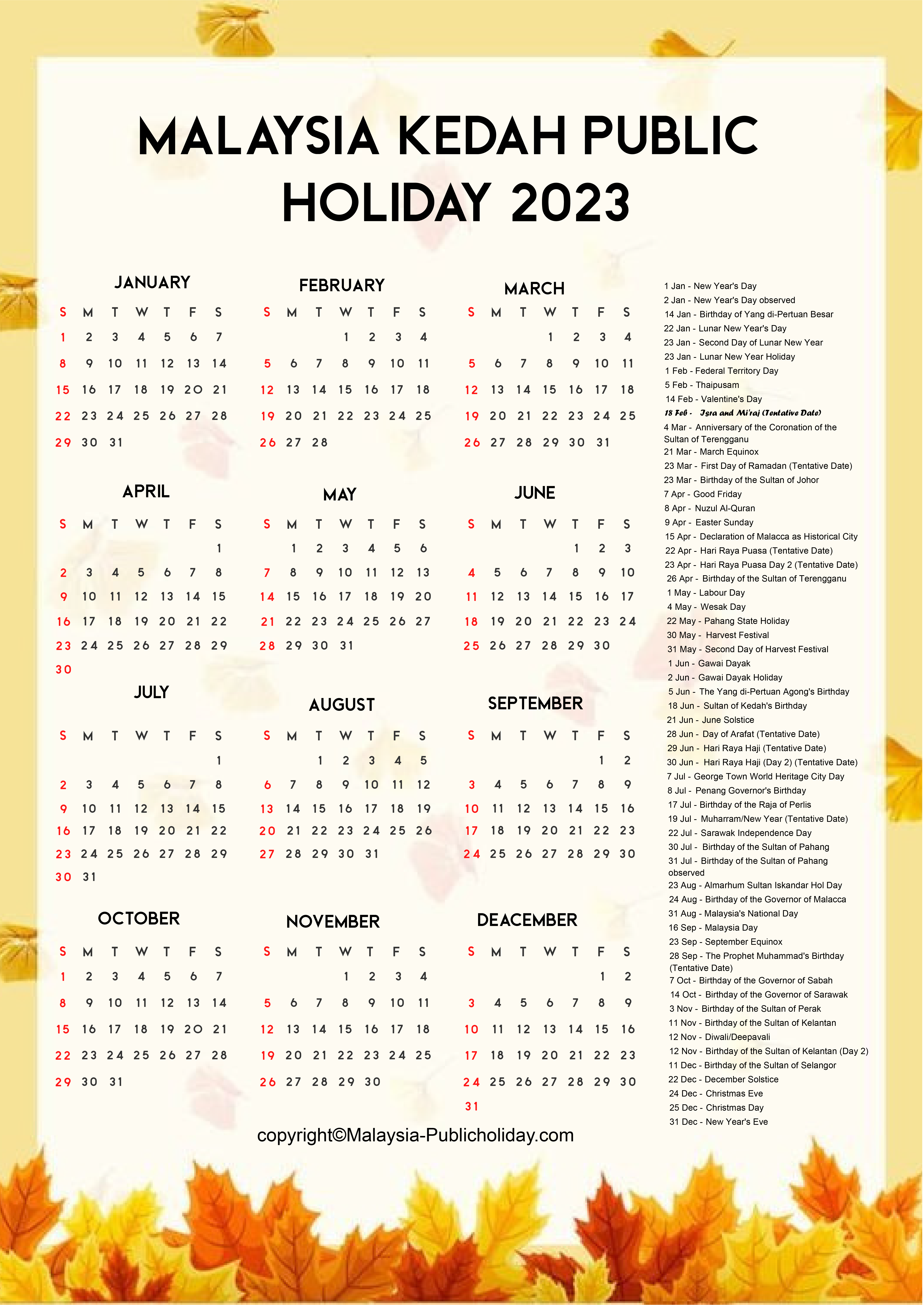 Kedah Calendars with Holidays 2023