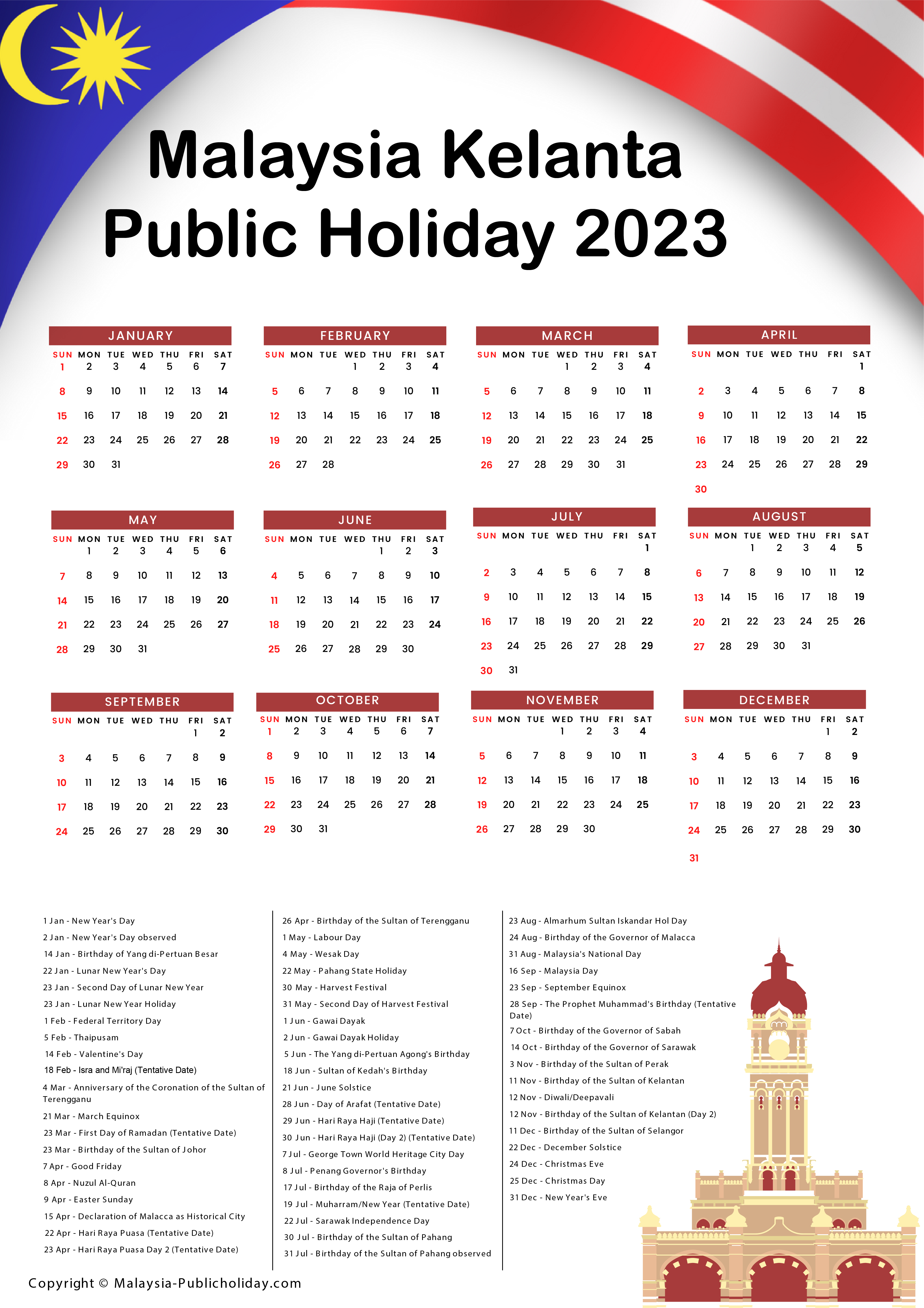 Kelantan Calendars with Holidays 2023