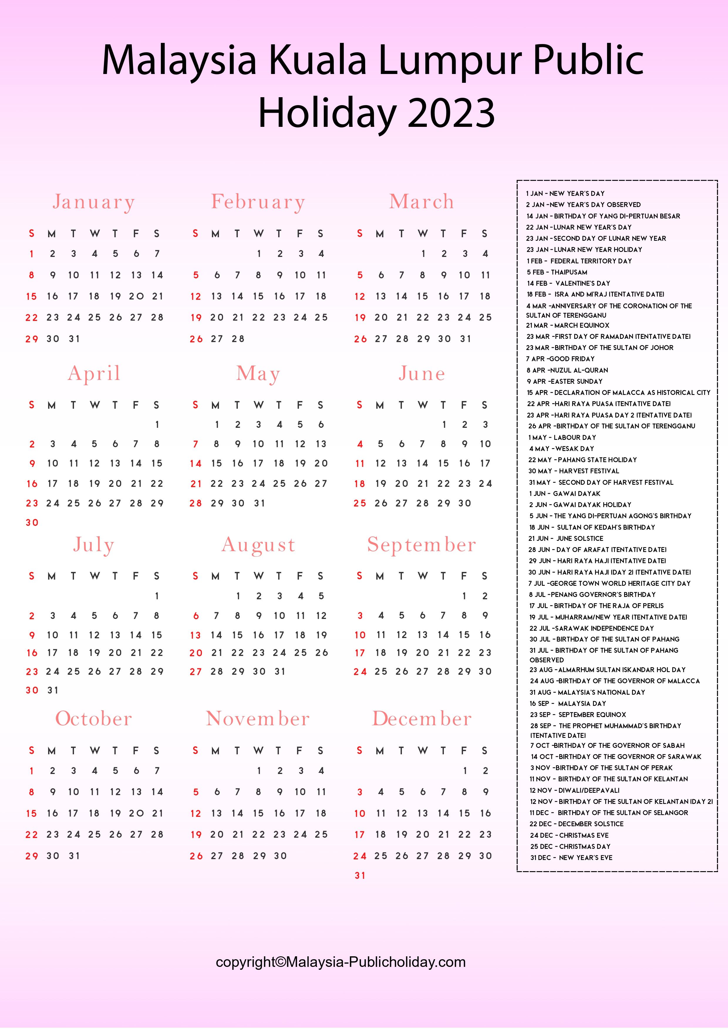 Kuala Lumpur Calendars 2023 Malaysia