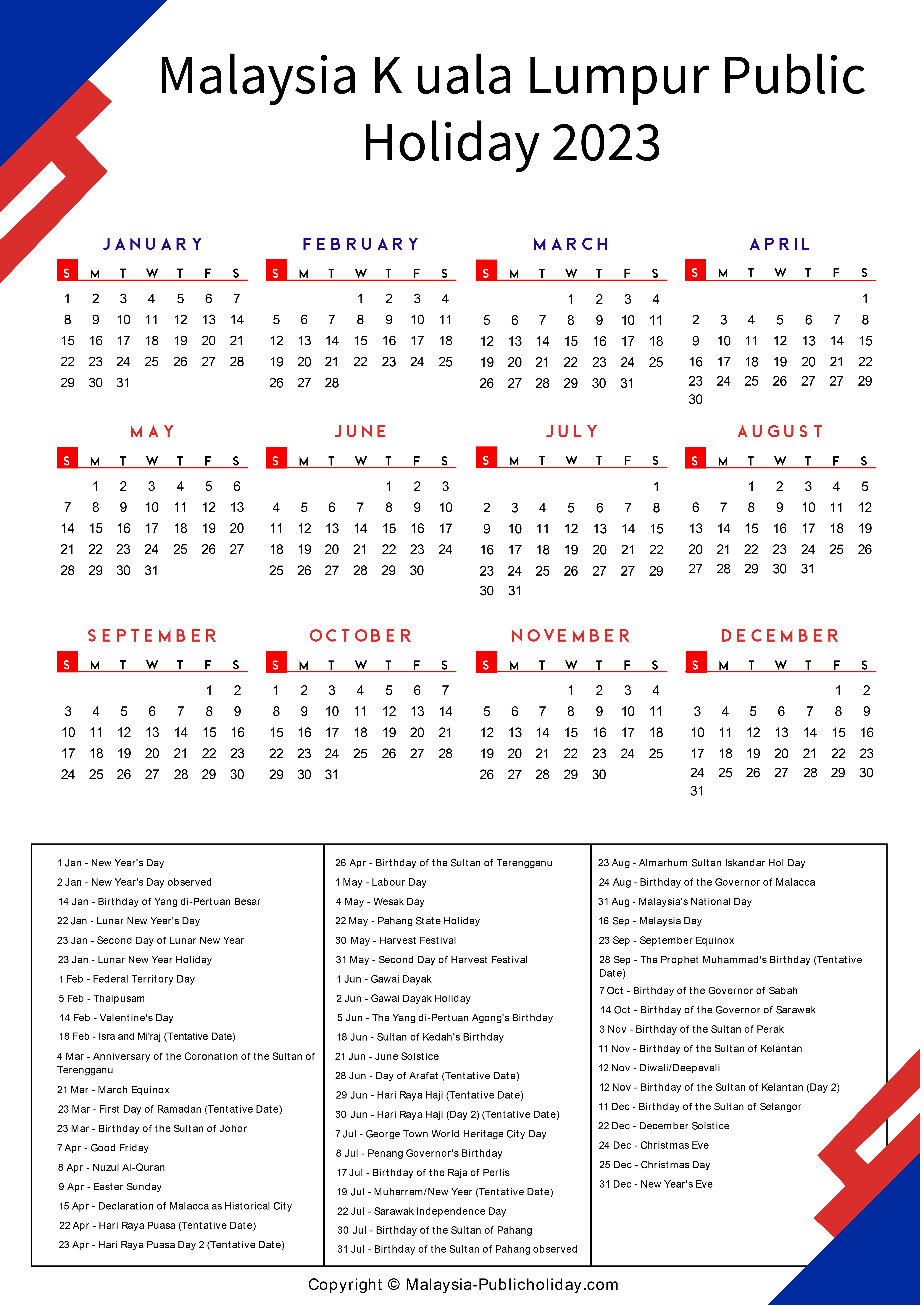 Kuala Lumpur Calendars with Holidays 2023