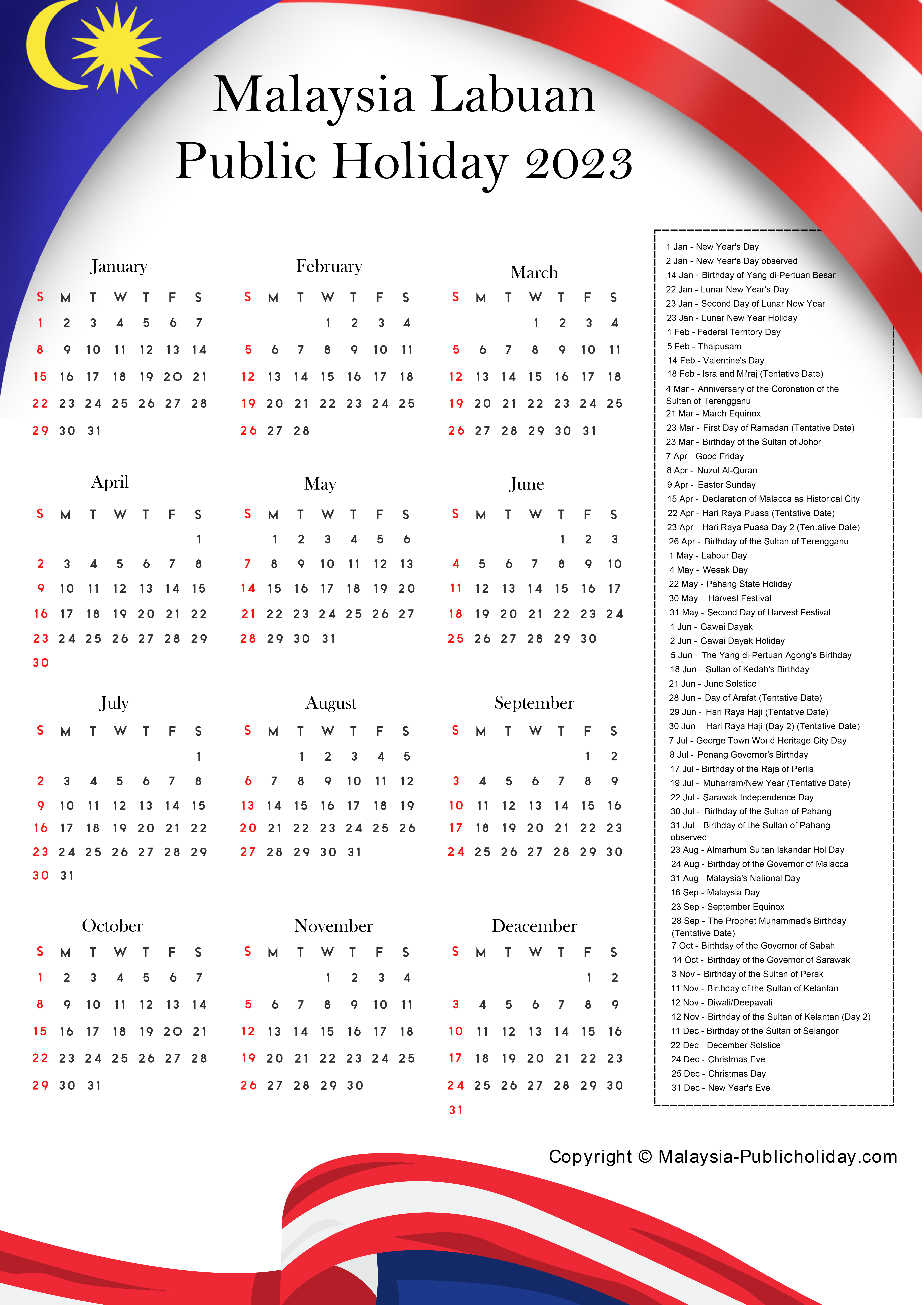 Labuan Calendars with Holidays 2023