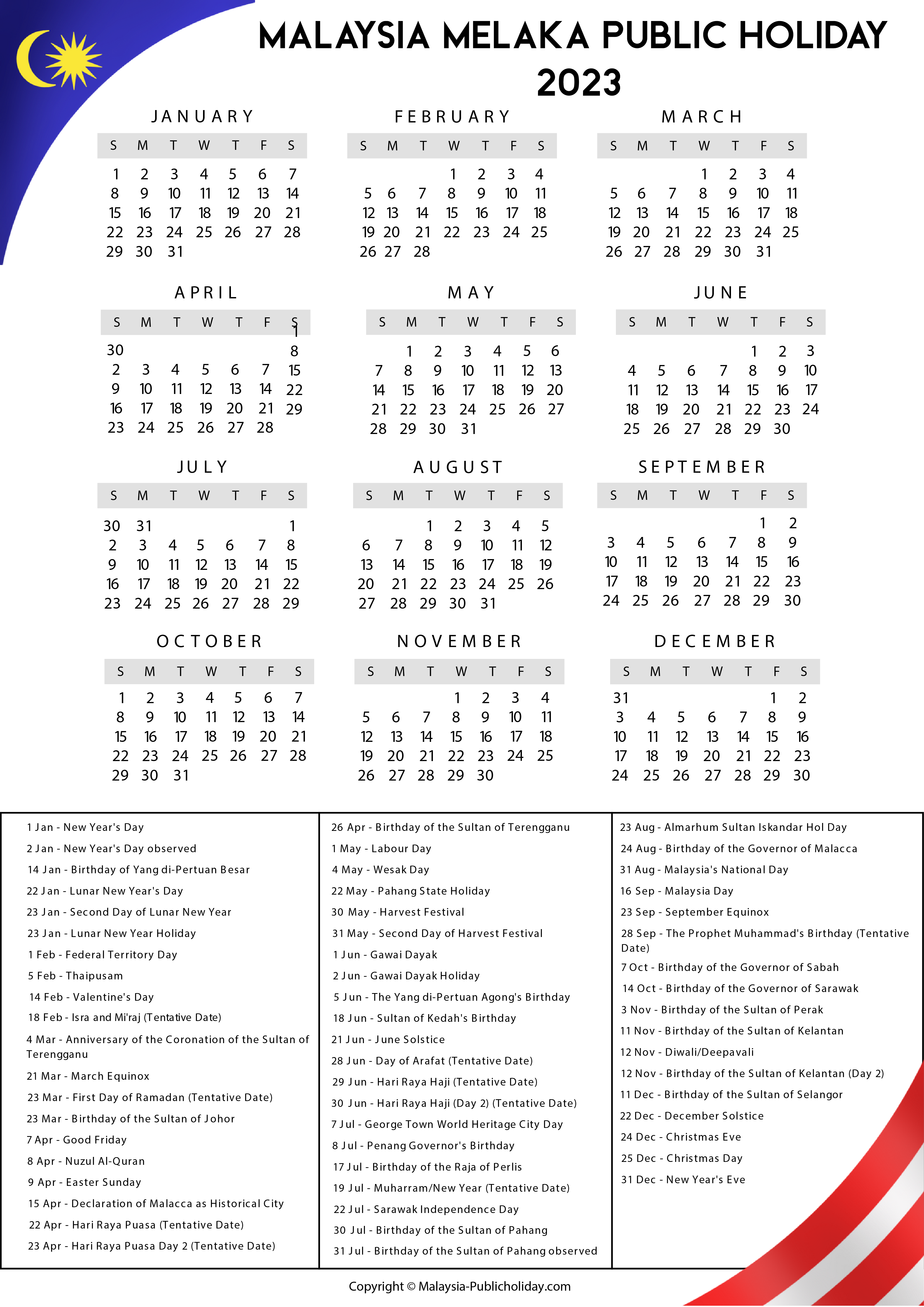 Melaka Calendars with Holidays 2023