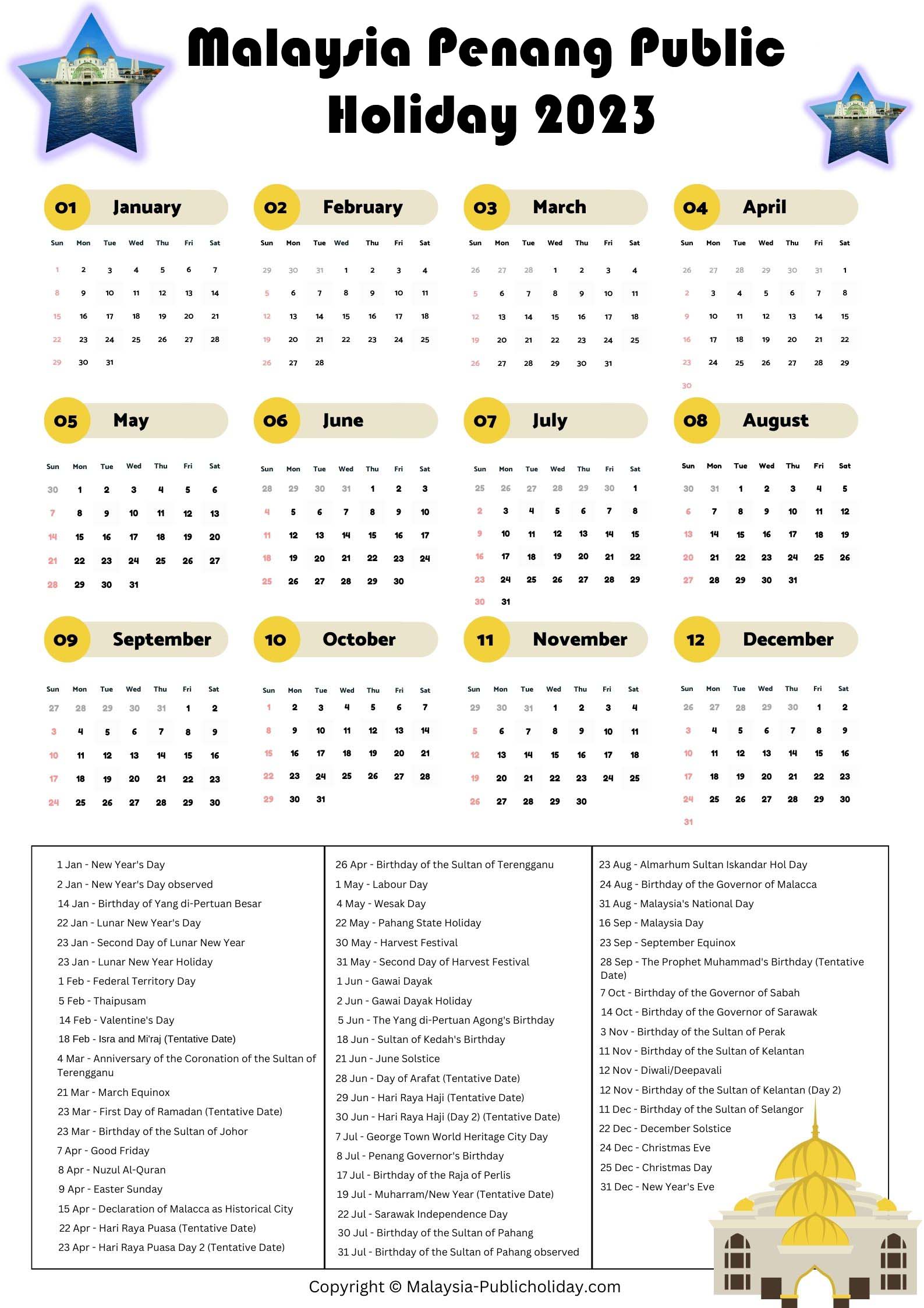 Penang Calendars with Holidays 2023