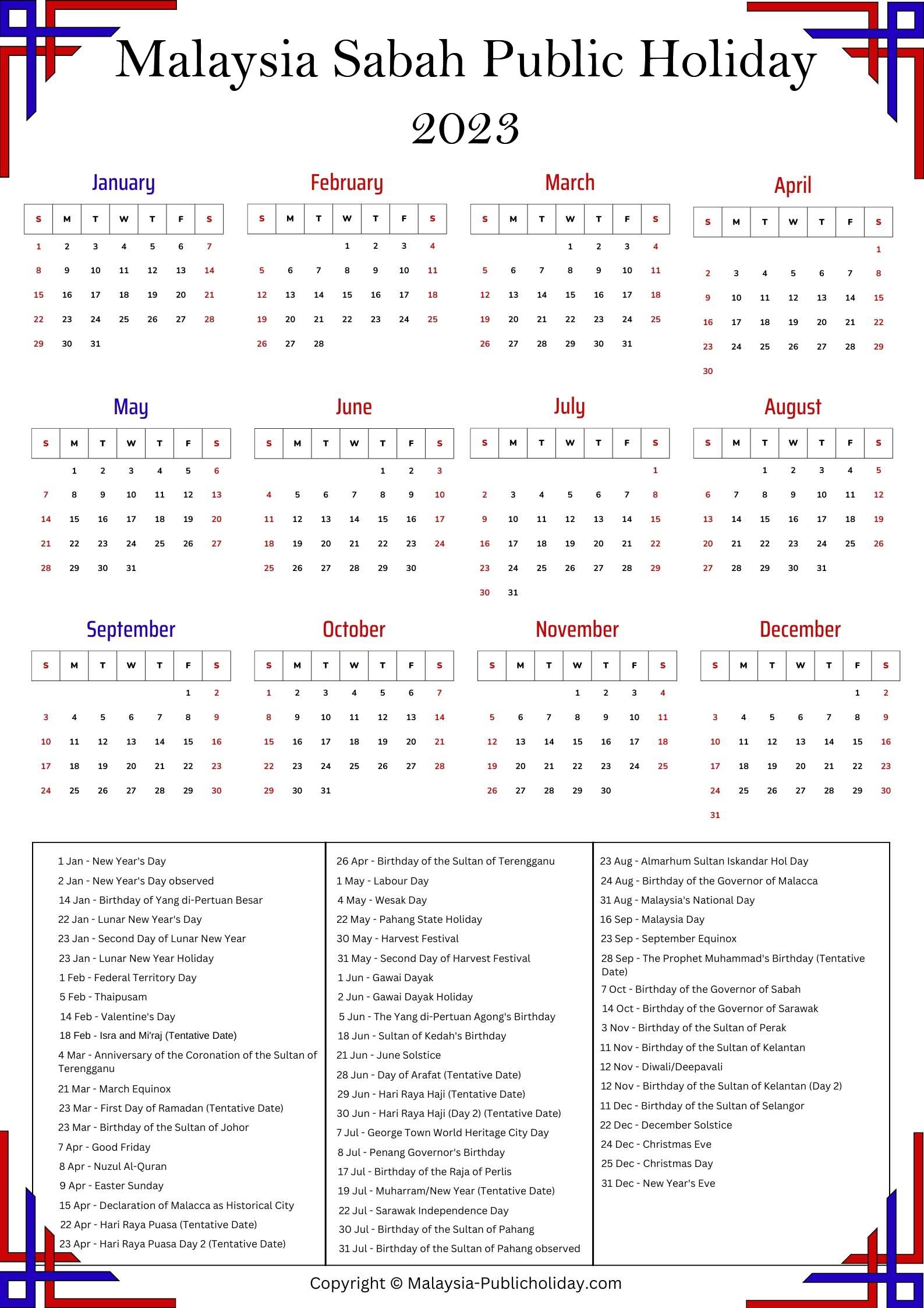Sabah Calendars with Holidays 2023