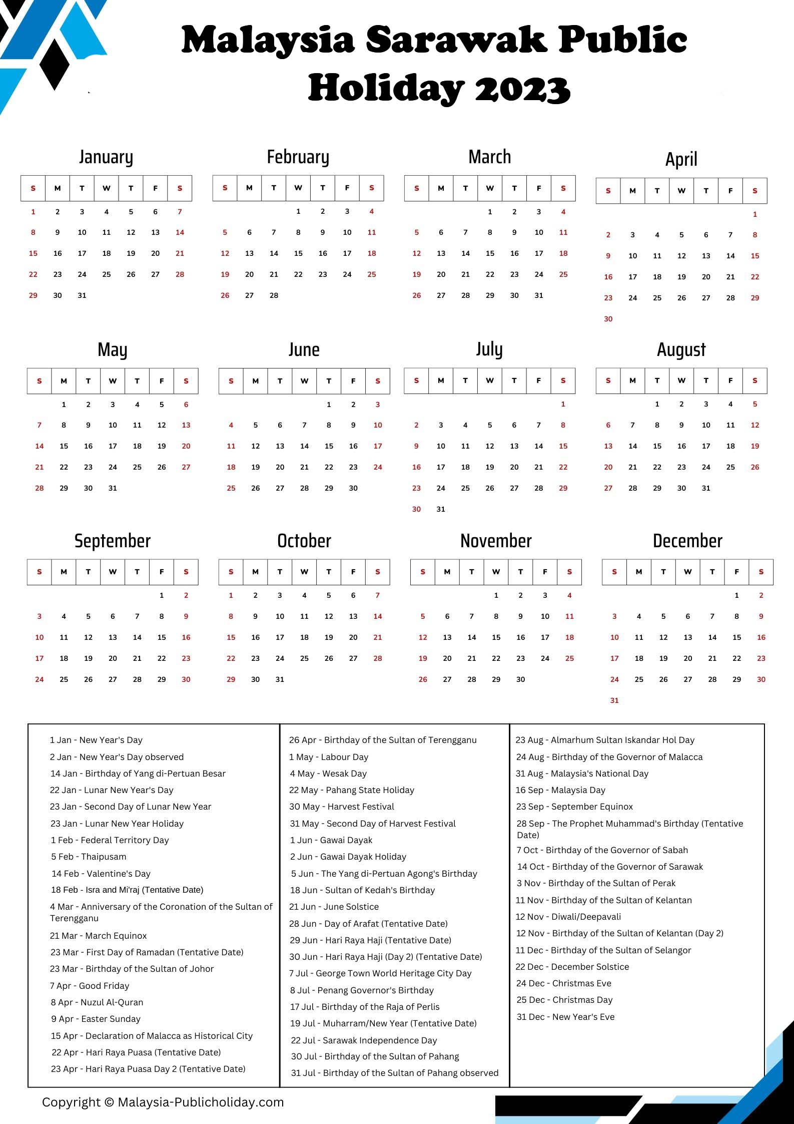 Sarawak Calendars with Holidays 2023