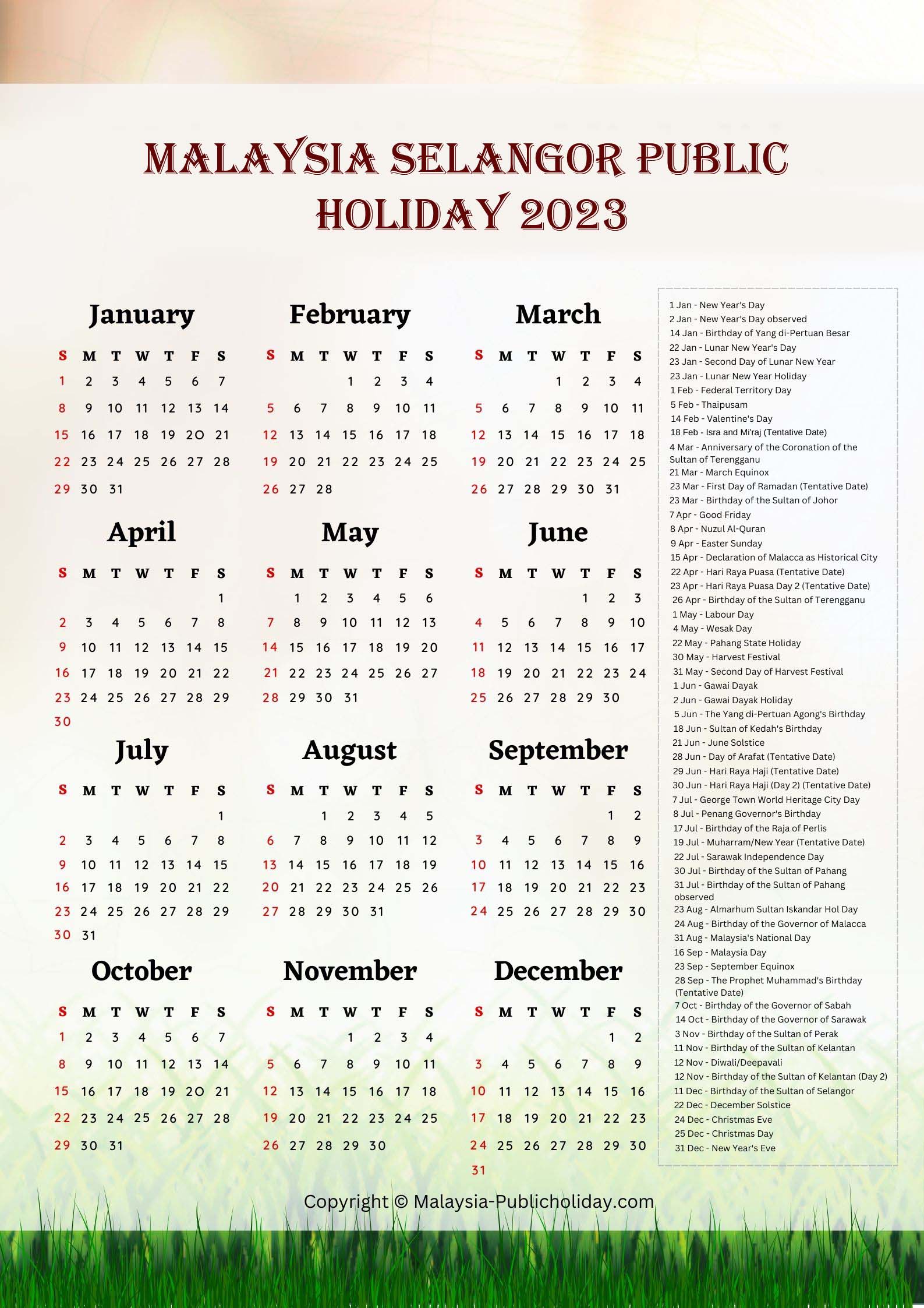 Selangor Calendars with Holidays 2023