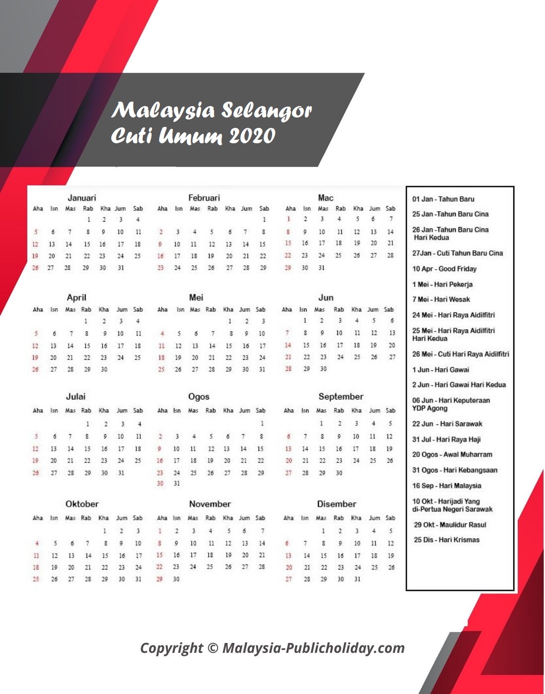 2020 Kalendar Selangor