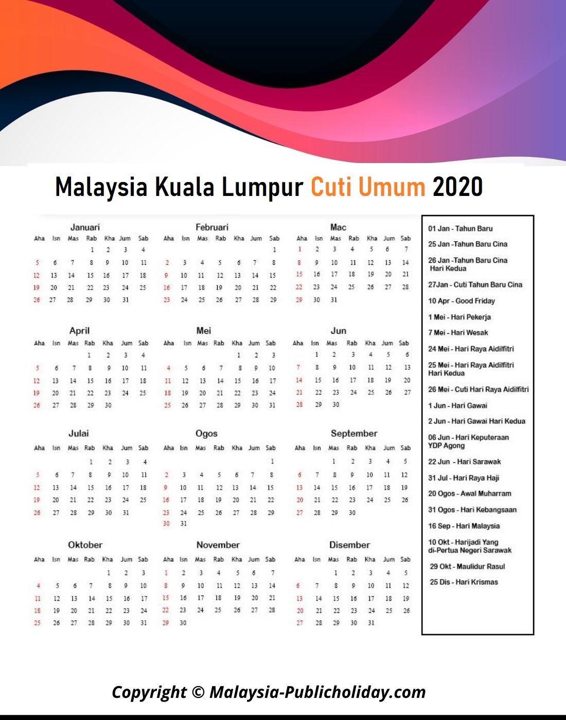Cuti Umum Kuala Lumpur 2020