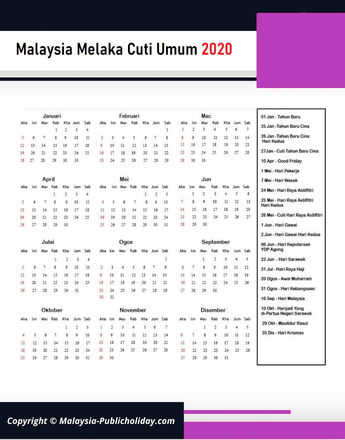 Cuti Umum Melaka 2020 Malaysia