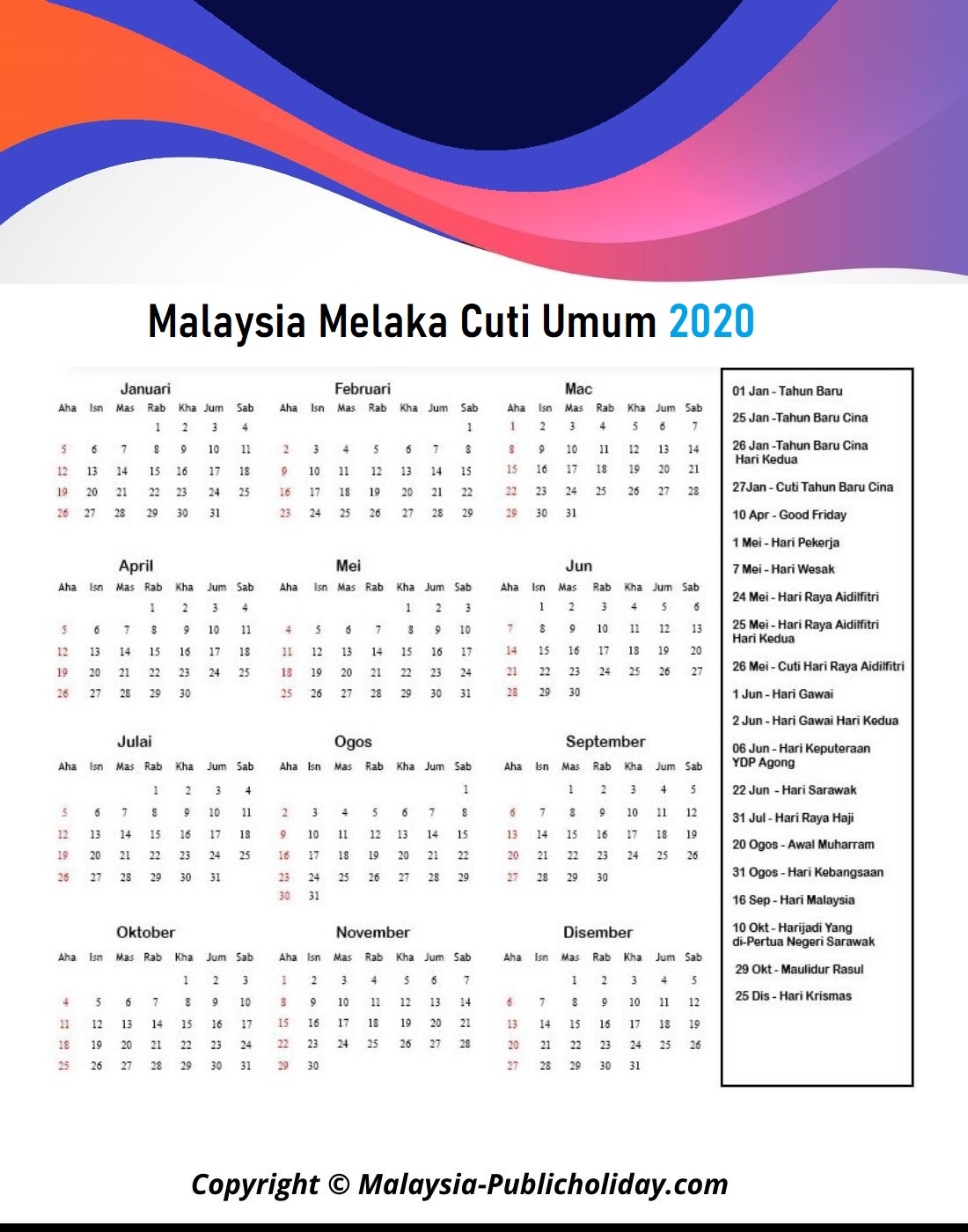 Cuti Umum Melaka 2020