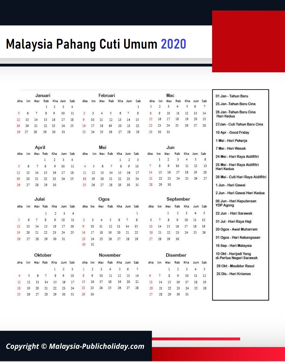 Cuti Umum Pahang 2020 Malaysia