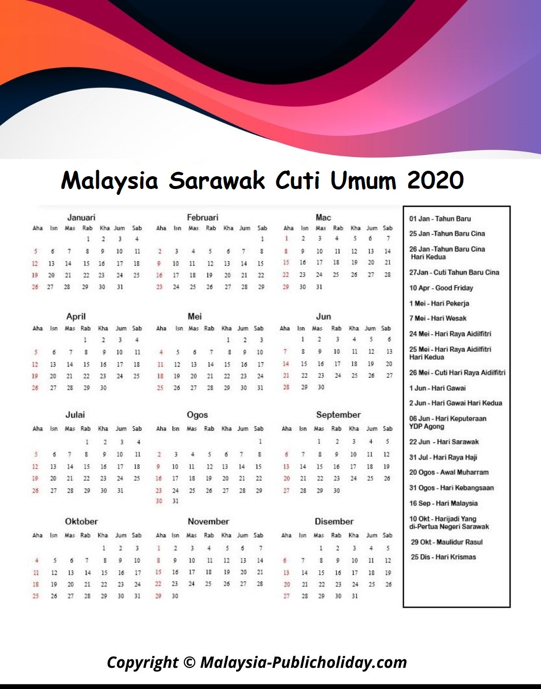 Kalendar tahun 2020