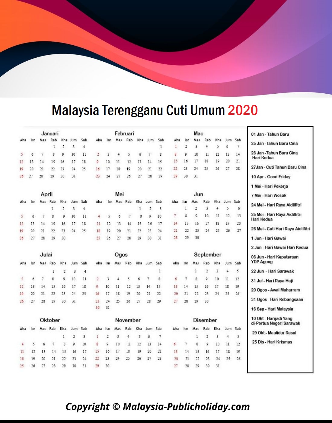 Terengganu Cuti Umum Kalendar 2020