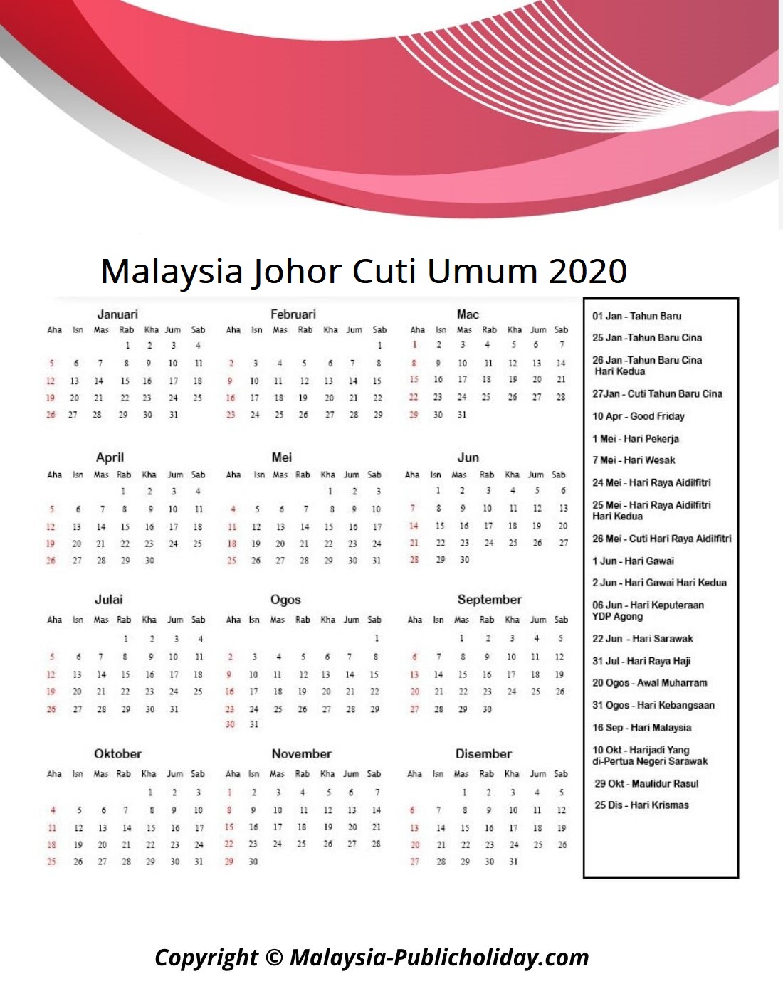 Kalendar Johor 2020 Malaysia