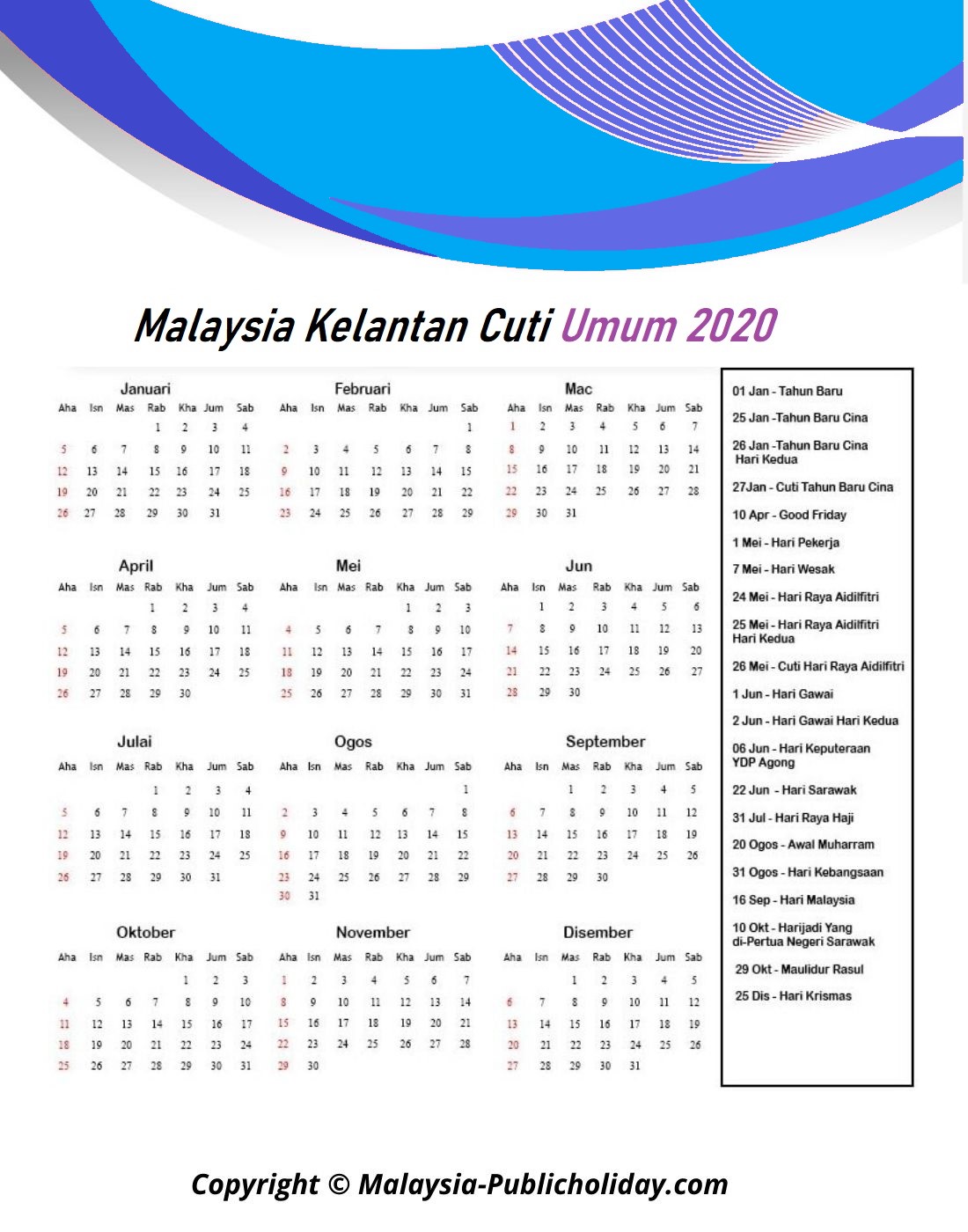 Kalendar Kelantan 2020 Malaysia