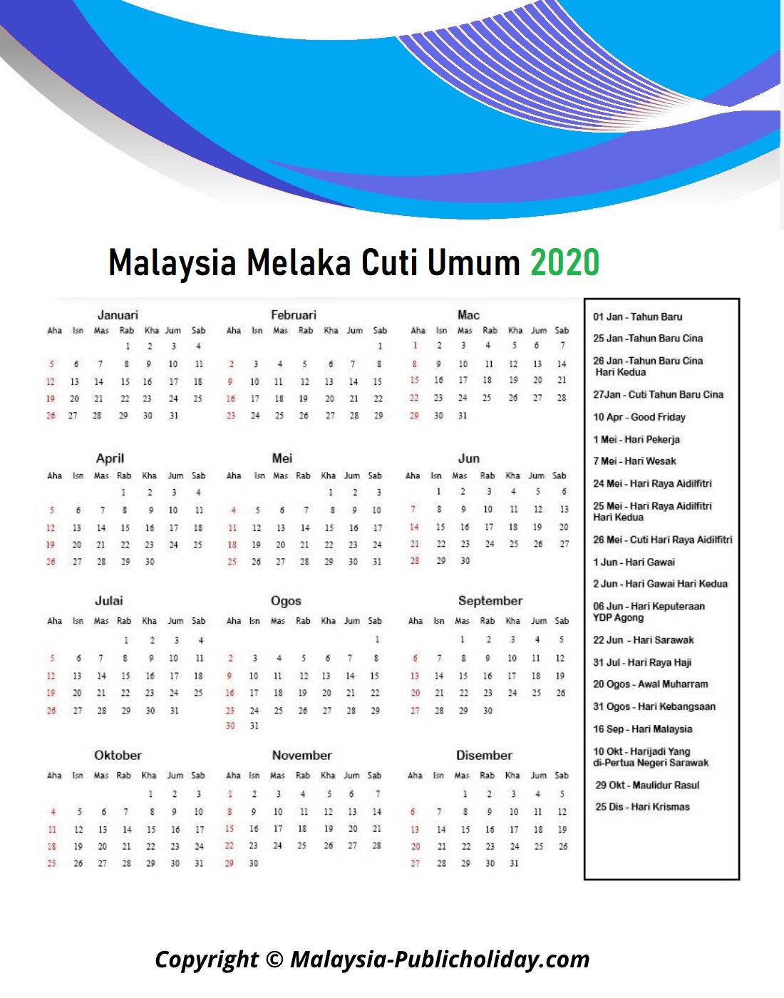Kalendar Melaka 2020 Malaysia