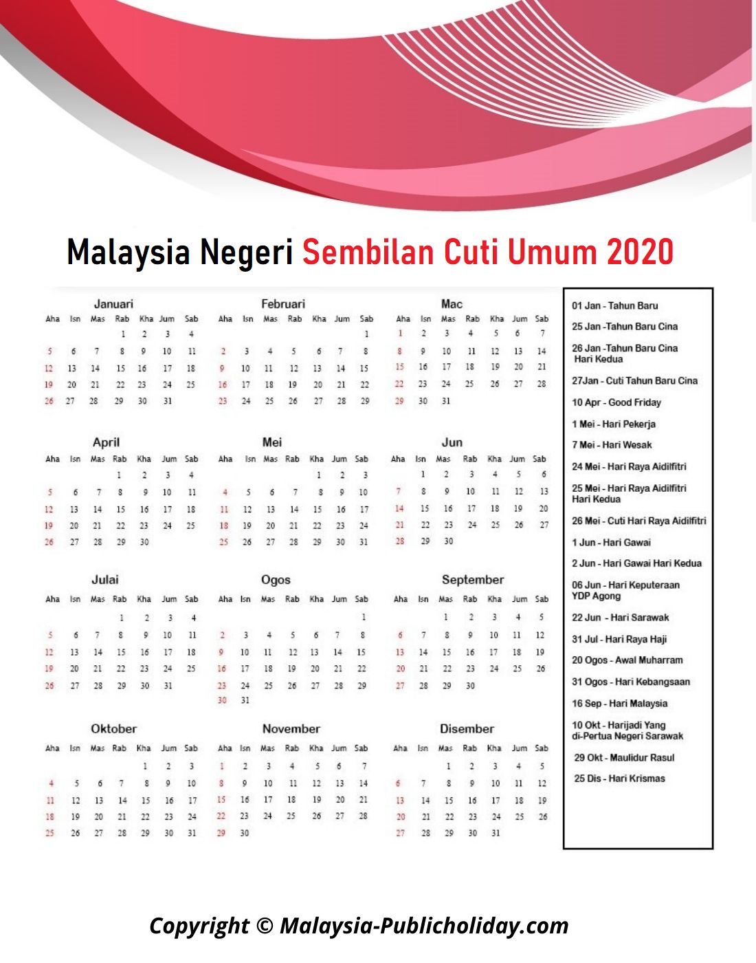 Kalendar Negeri Sembilan 2020 Malaysia