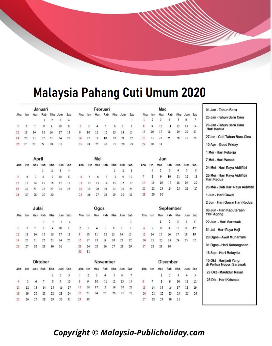 Kalendar Pahang 2020 Malaysia
