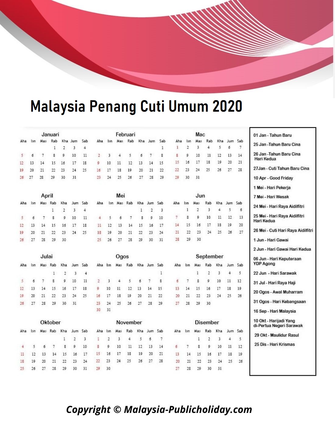 Kalendar Penang 2020 Malaysia