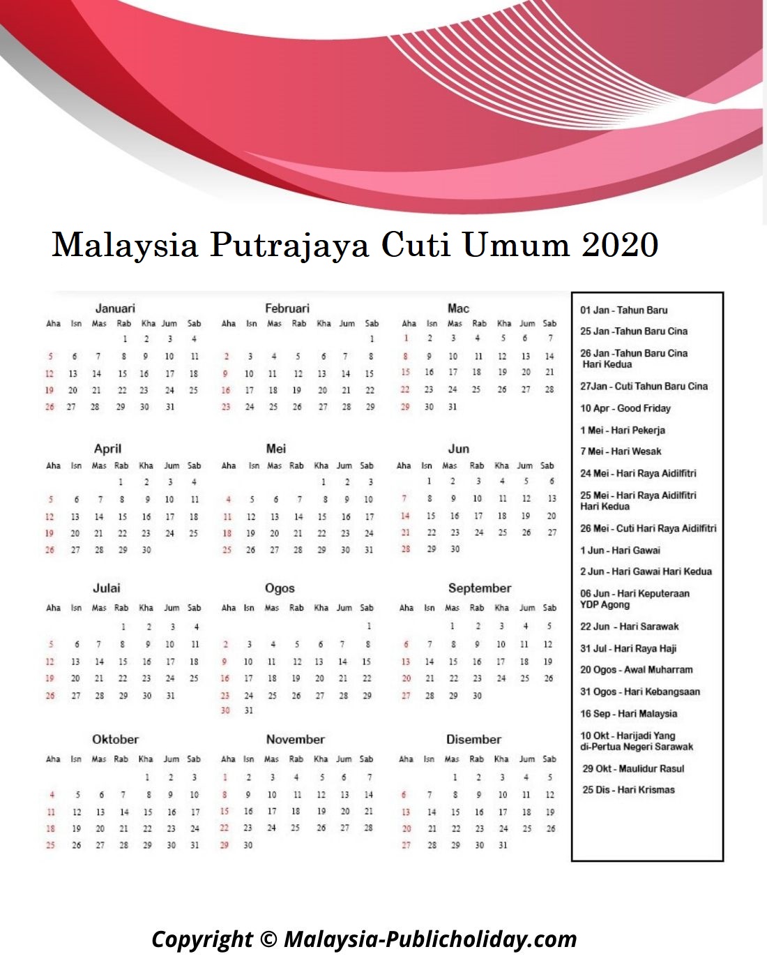 Kalendar Putrajaya 2020 Malaysia