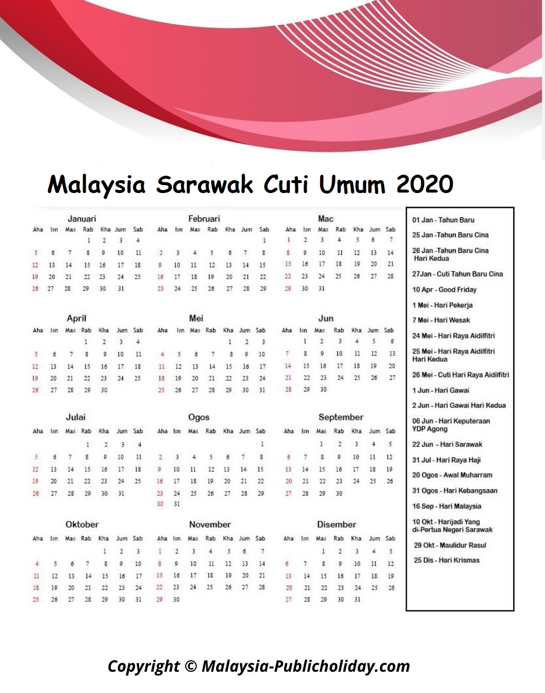 Kalendar Sarawak 2020 Malaysia