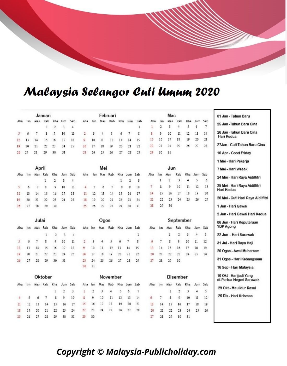 Kalendar Selangor 2020 Malaysia