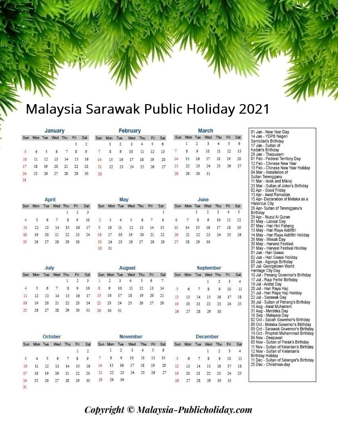 Sarawak Holiday Calendar 2021 Public Federal