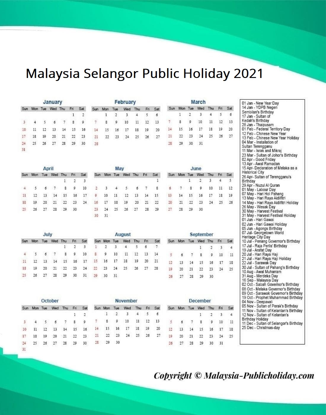Selangor Holiday Calendar 2021 Public Federal